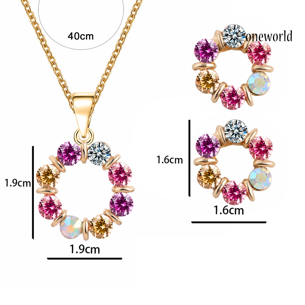 OW@ Necklace Colorful Rhinestone Round Women Pendant Necklace Earrings Set for Party