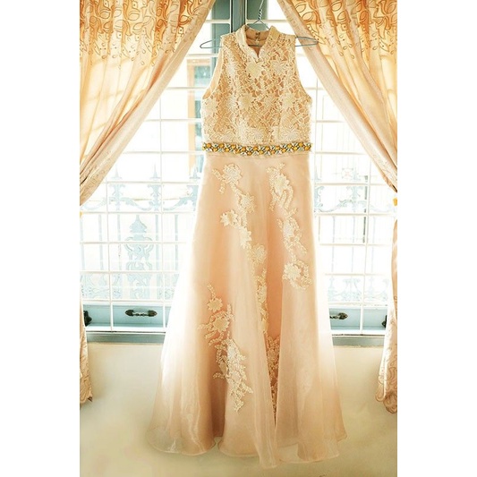 Dress Gaun Pesta Panjang Gold Muda Lace Preloved
