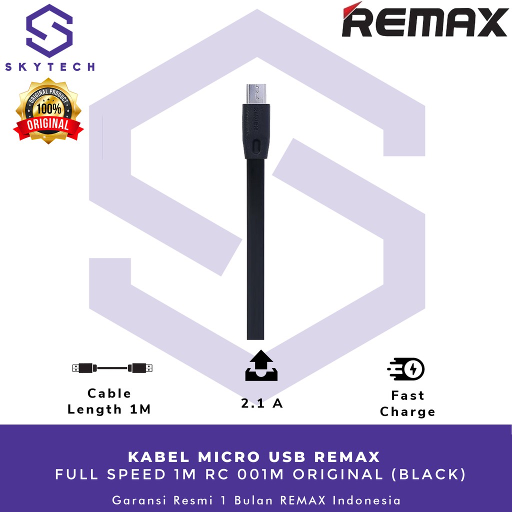 KABEL MICRO USB REMAX FULL SPEED 1M BLACK RC 001M ORIGINAL GARANSI RESMI