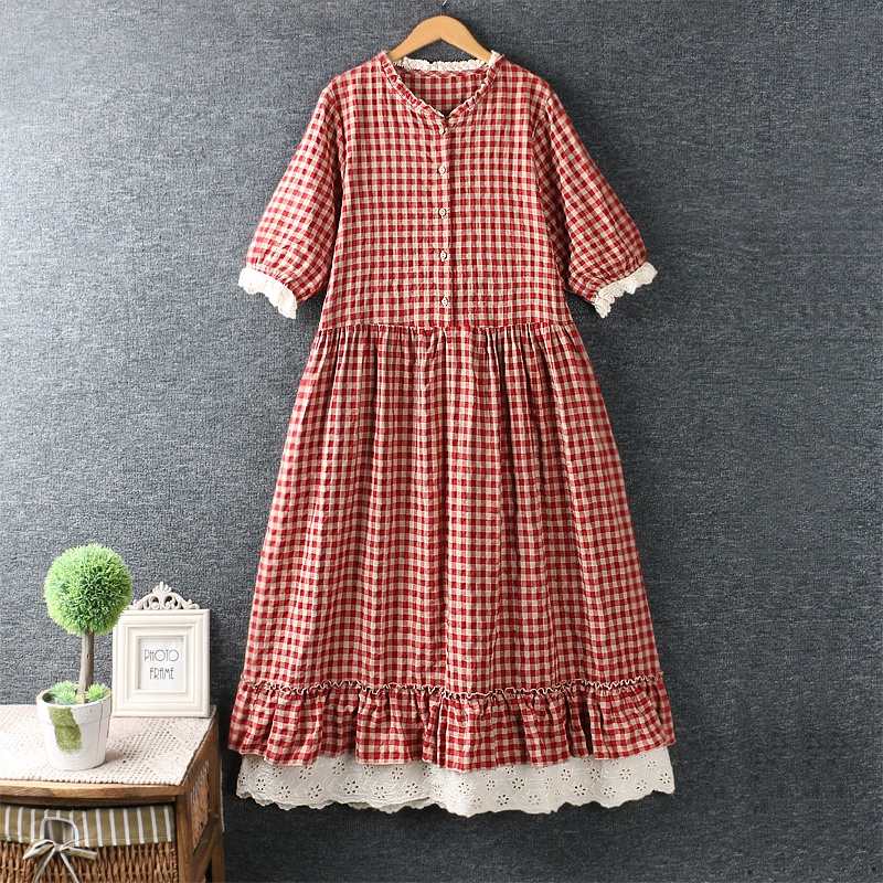 Women Autumn Sweet Long Sleeve Plaid Lace Midi Dress