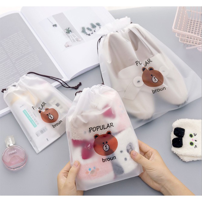 JH Cute Pouch Organizer Tas Serut Travel Mini Anti Air Bebas Basah Gambar Karakter Kartun Beruang Lucu Termurah