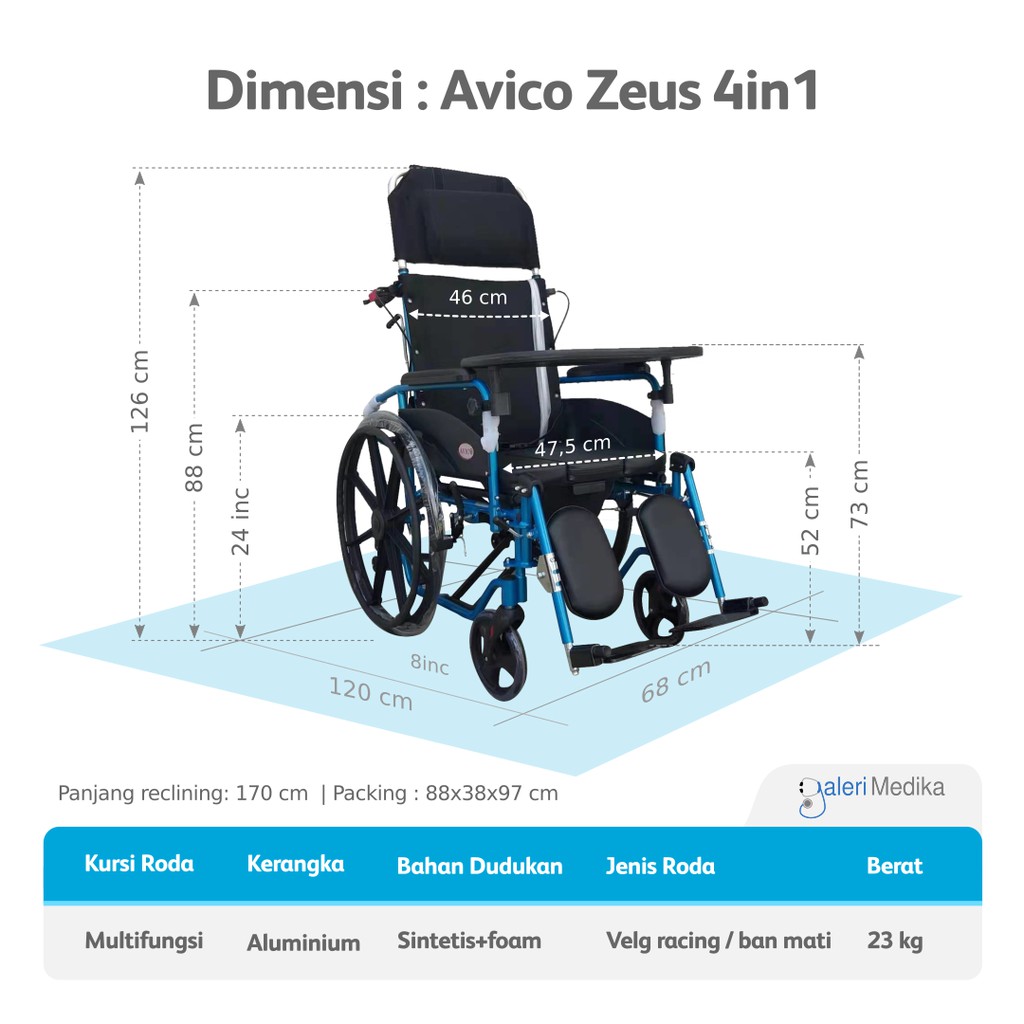 Kursi Roda Avico Zeus 4in1 - Kursi Roda Aluminium Multifungsi (Makan, Berbaring, Selonjoran, BAB, Kursi Roda)