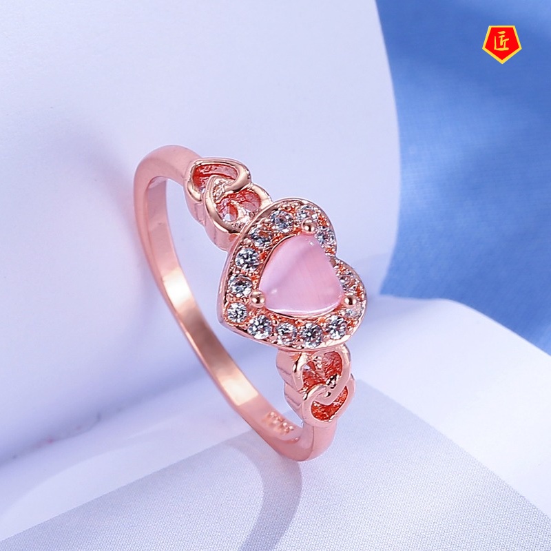 [Ready Stock]Fashion Popular Rose Gold Heart-Shaped Pink Crystal Ring