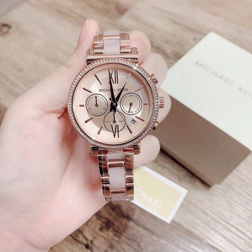 Jam Tangan Michael Kors MK6560 Sofie Chronograph Rose Gold Dial Dual Tone Stainless Steel Strap Original