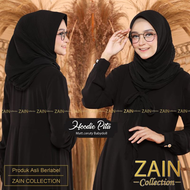 jilbab instan hoodie pita plisket ORI ZAIN-Hitam