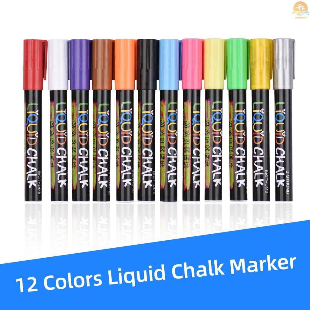 BIGTHUMB Liquid Chalk Markers 12 Vibrant Colors with 3mm Reversible Tip Erasable Water-based Chalkboards Marker Pens Non Toxic Quick Drying for Blackboard Glass Mirrors Office Home Restaurants Supplies