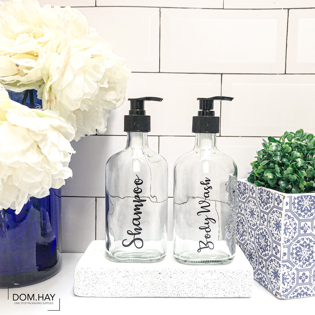 Bathroom Bottle Aesthetic 250ml Botol Pump Kaca Clear Gepeng Free Stiker HOME LIVING Shampoo Soap Dispenser Sabun Lotion Detergent Toiletries Daily Cleanser