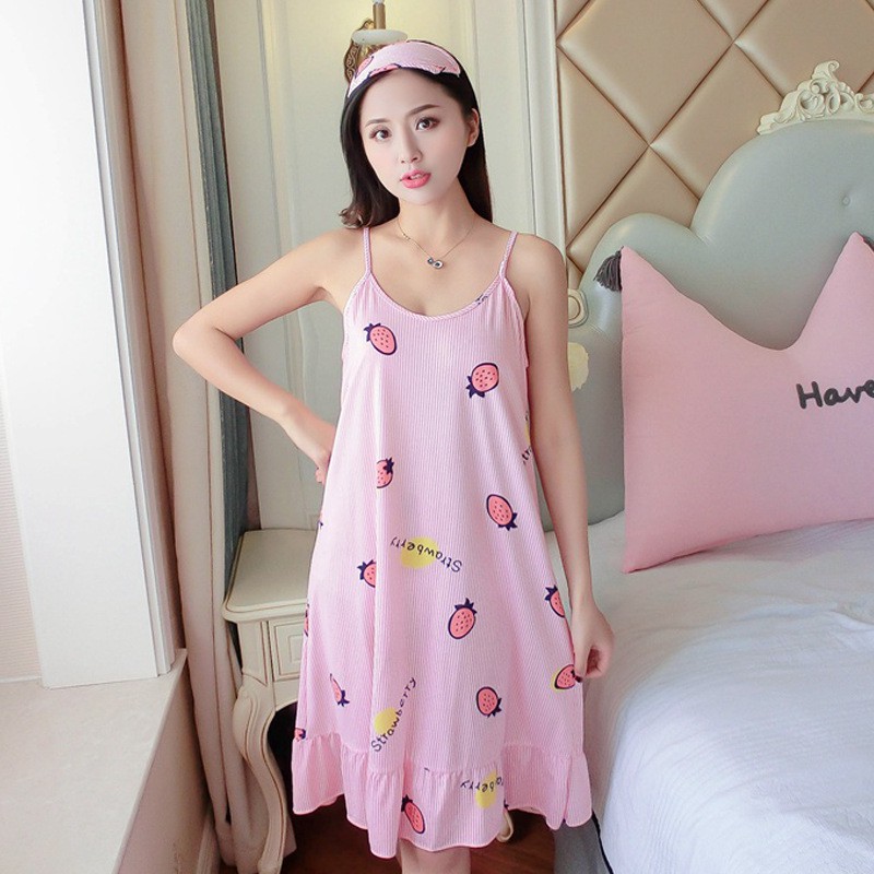 BAJU TIDUR DRESS PIYAMA IMPORT PREMIUM IMUT BANYAK MOTIF-Strawberry Pink