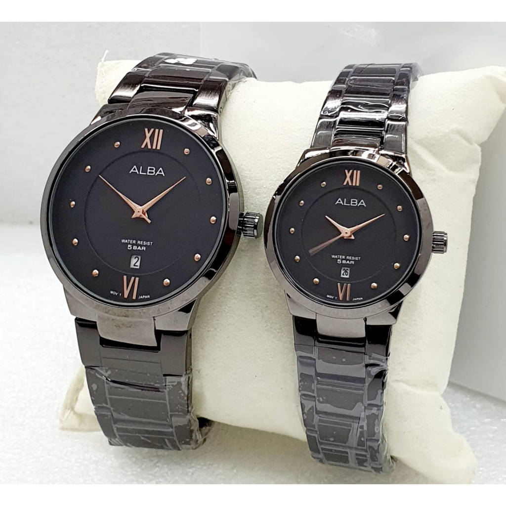 Jam Tangan Couple Fashion Alba C41603T Tali Rantai Tanggal Aktif Free Box &amp; Baterai