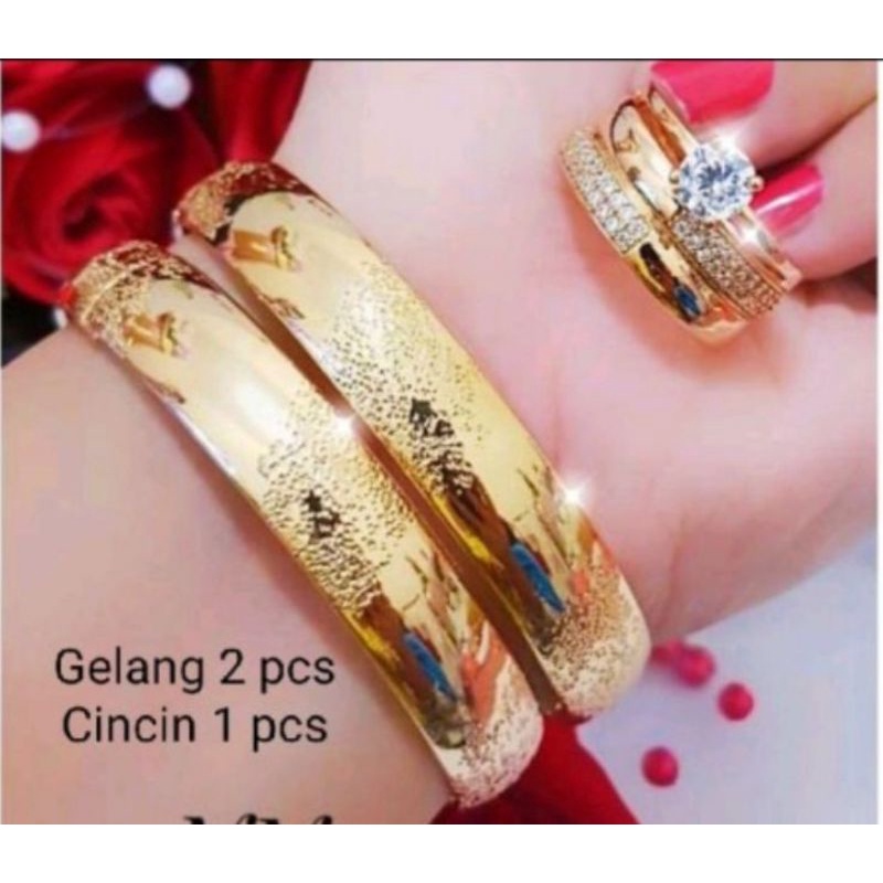 GELANG KERONCONG PASIR TEBAL+CINCIN SEPUHAN EMAS 24K WARNA KUNING EMAS XUPING TERMURAH