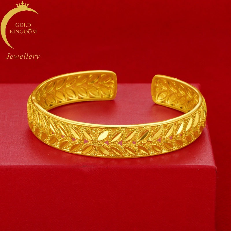 Gelang Model Terbuka Adjustable Desain Daun Gandum 24K Gaya Minimalis Untuk Wanita