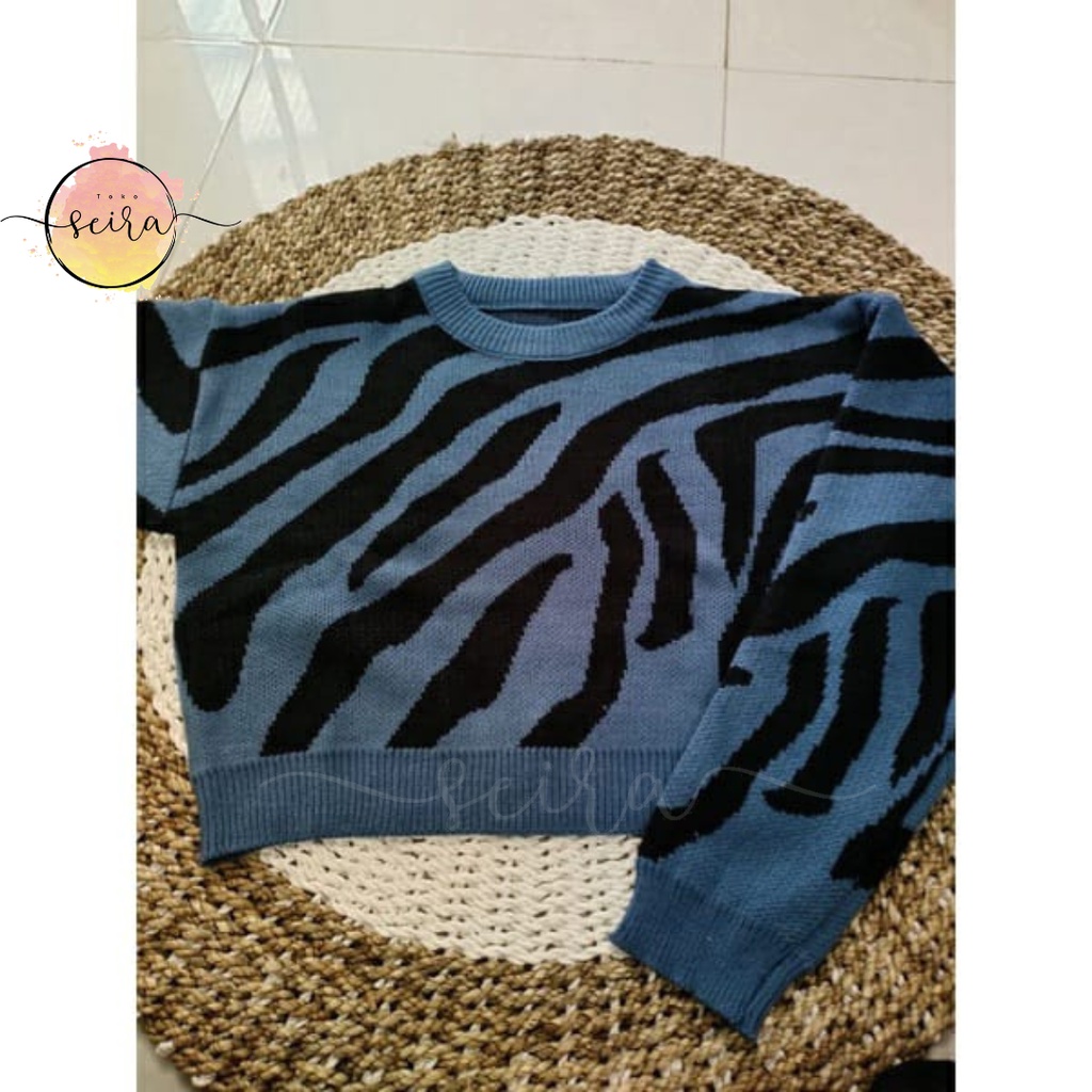 [BISA COD] Sweater Rajut Zebra / Arabelle Sweater Rajut Wanita / Crewneck Sweater Rajut Motif Zebra / Atasan Wanita / Sweater Blouse Motif Zebra