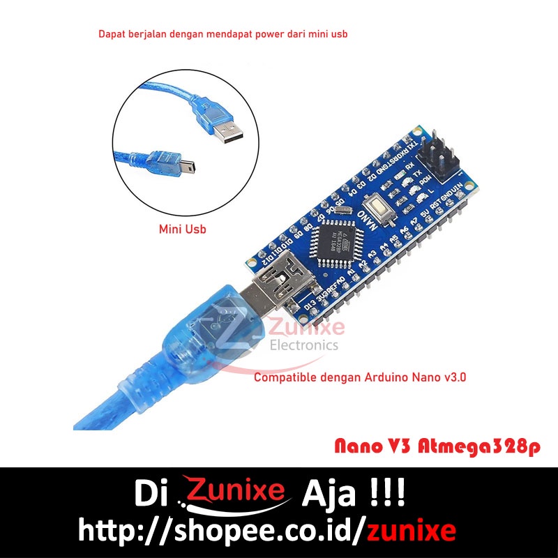 Nano V3 CH340 Compatible Soldered Plus Kabel Atmega328p