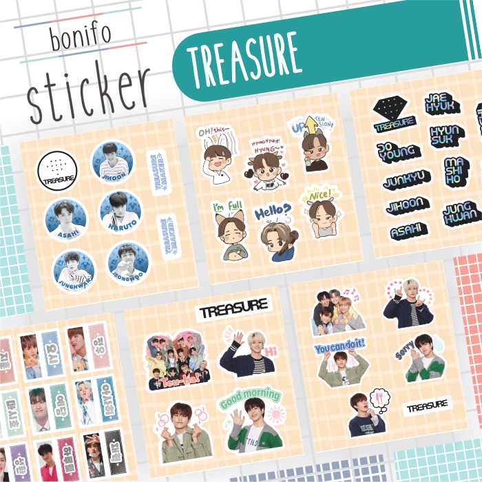 

K-Pop TREASURE Sticker Sheet: Foto Face, Member Name, Logo, Chibi Sticker