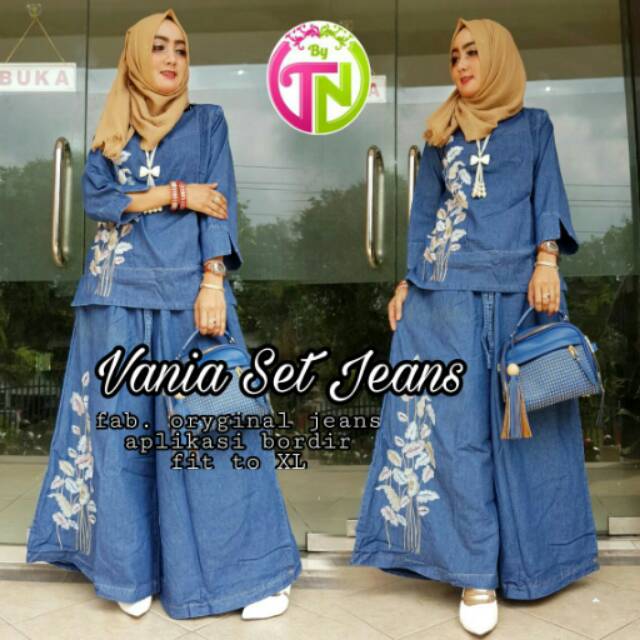 Setelan blouse dan kulot jeans bordir vania set