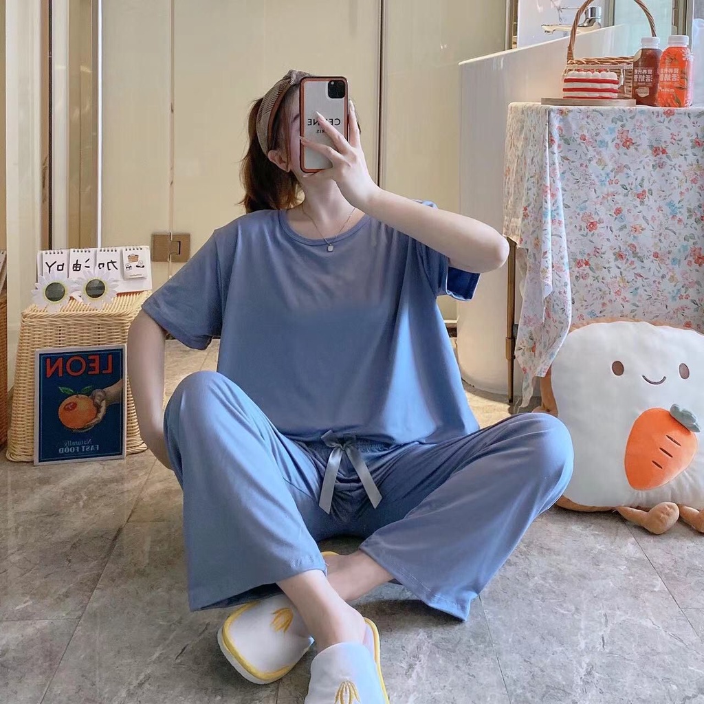 Piyama Baju Tidur Import Sleepwear Lengan Pendek Celana Panjang Motif Stelan Rumah Oversize Premium-CPP-Abu