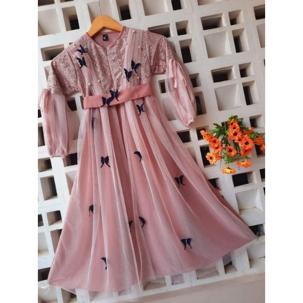 Gamis Anak Perempuan Motif Kupu kupu Bahan Tile Ukuran M/L/XL Terbaru 2023