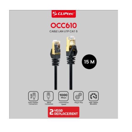 Cable lan cliptec 15 meter cat 6 sstp shield metal gold gigabit occ610 occ-610 - Kabel internet rj45 15m cat6 1000Mbps