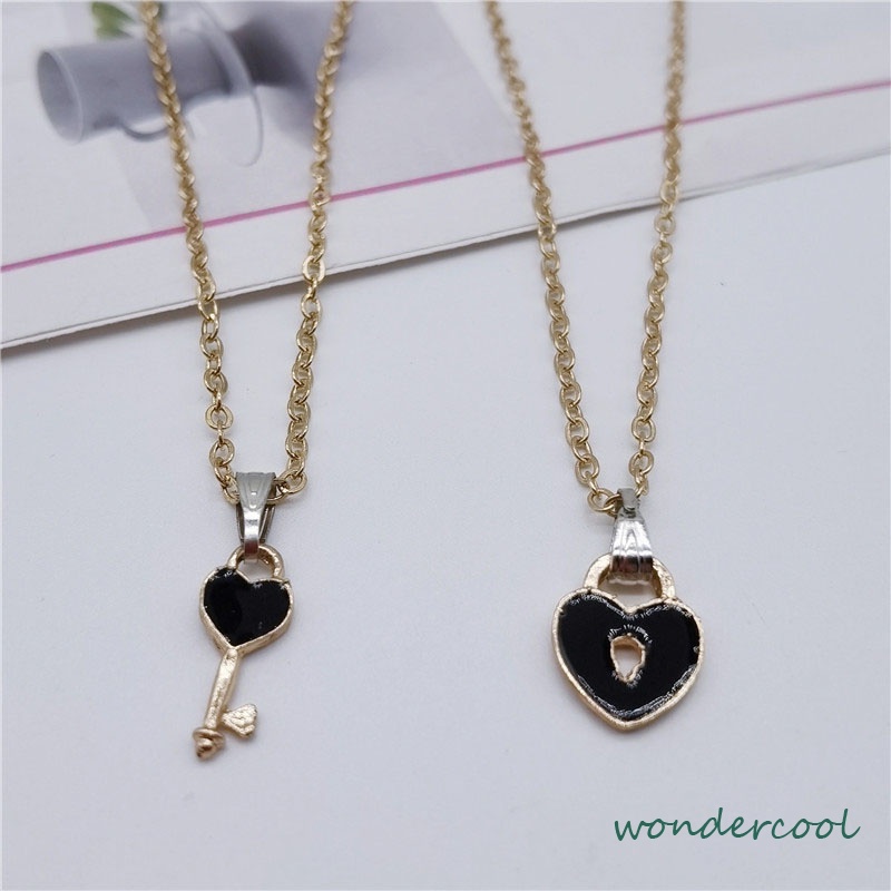 2 Pcs Fashion Wanita Trendi Kunci Liontin Link Rantai Kalung Hati Pasangan Pecinta Kalung-Won