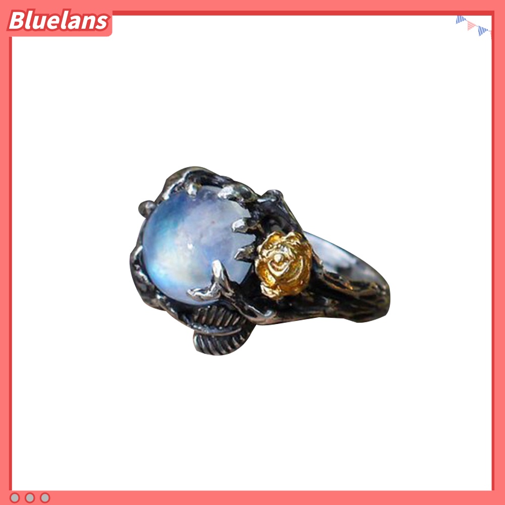 Bluelans Vintage Round Faux Moonstone Inlaid Rose Leaves Women Ring Party Jewelry Decor