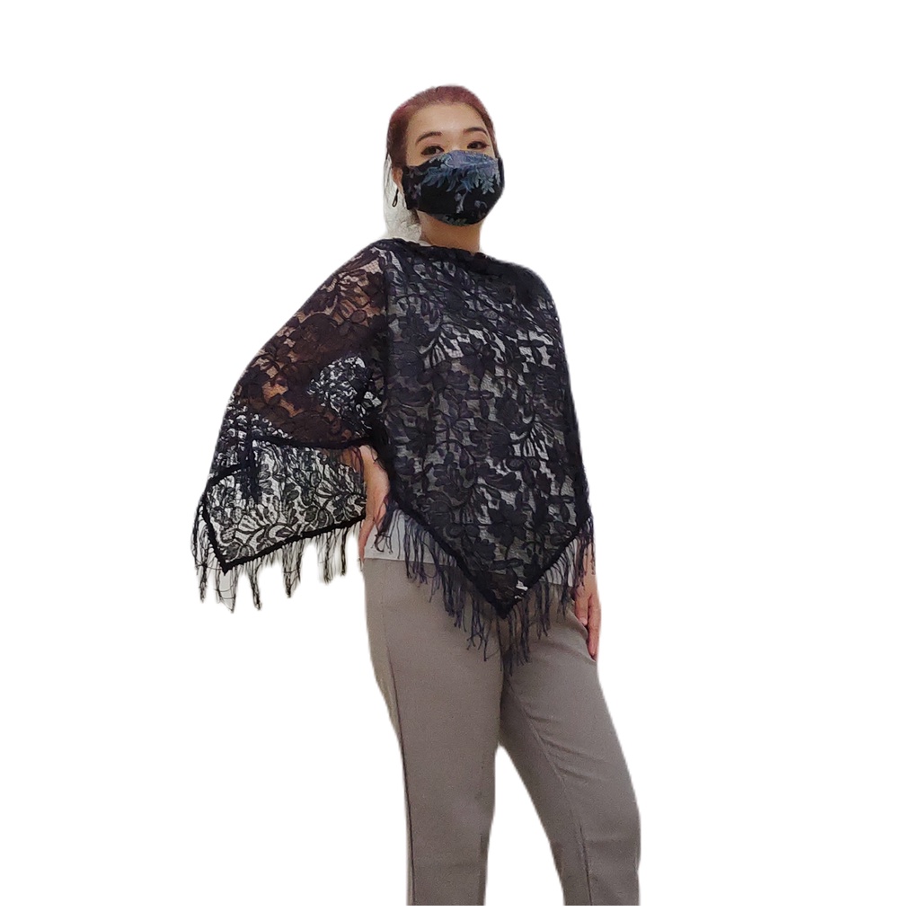 Outer Syal Oversize Scarf Leher  Brokat Biru Navy 2 in 1 Poncho Gesyal Tassel