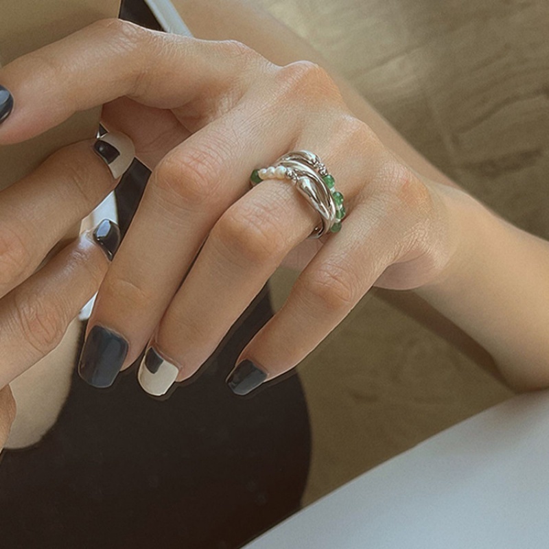 Cincin Model Terbuka Multilayer Aksen Mutiara Gaya Korea Retro Untuk Aksesoris