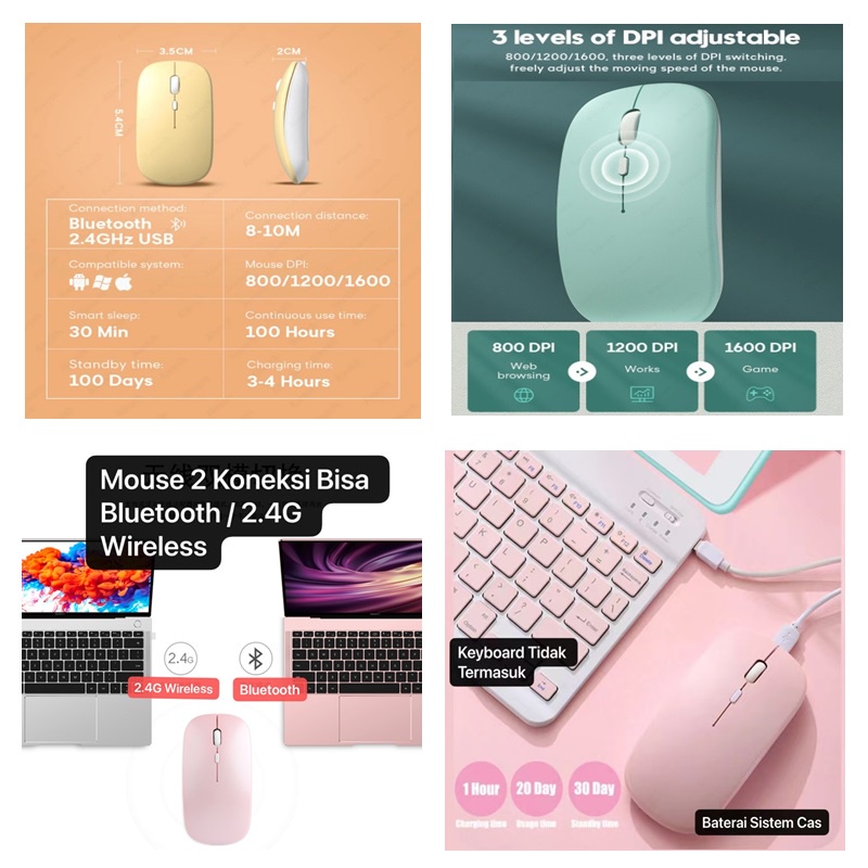 Mouse Wireless Bluetooth Silent Click Warna Hitam Pink Kuning Tosca iPad Tab Samsung Laptop Macbook