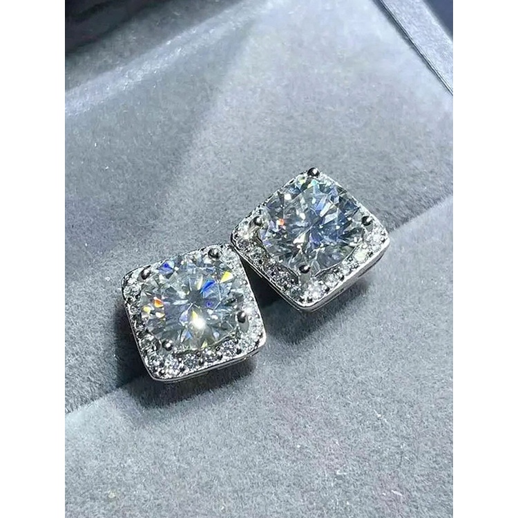 Anting Stud Bentuk Persegi Bahan Zirkon Warna Silver Untuk Wanita