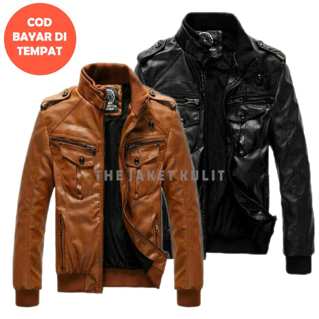 Jaket Semi Kulit Sintetis PU Leather RIB Korea Pria Coklat / Hitam