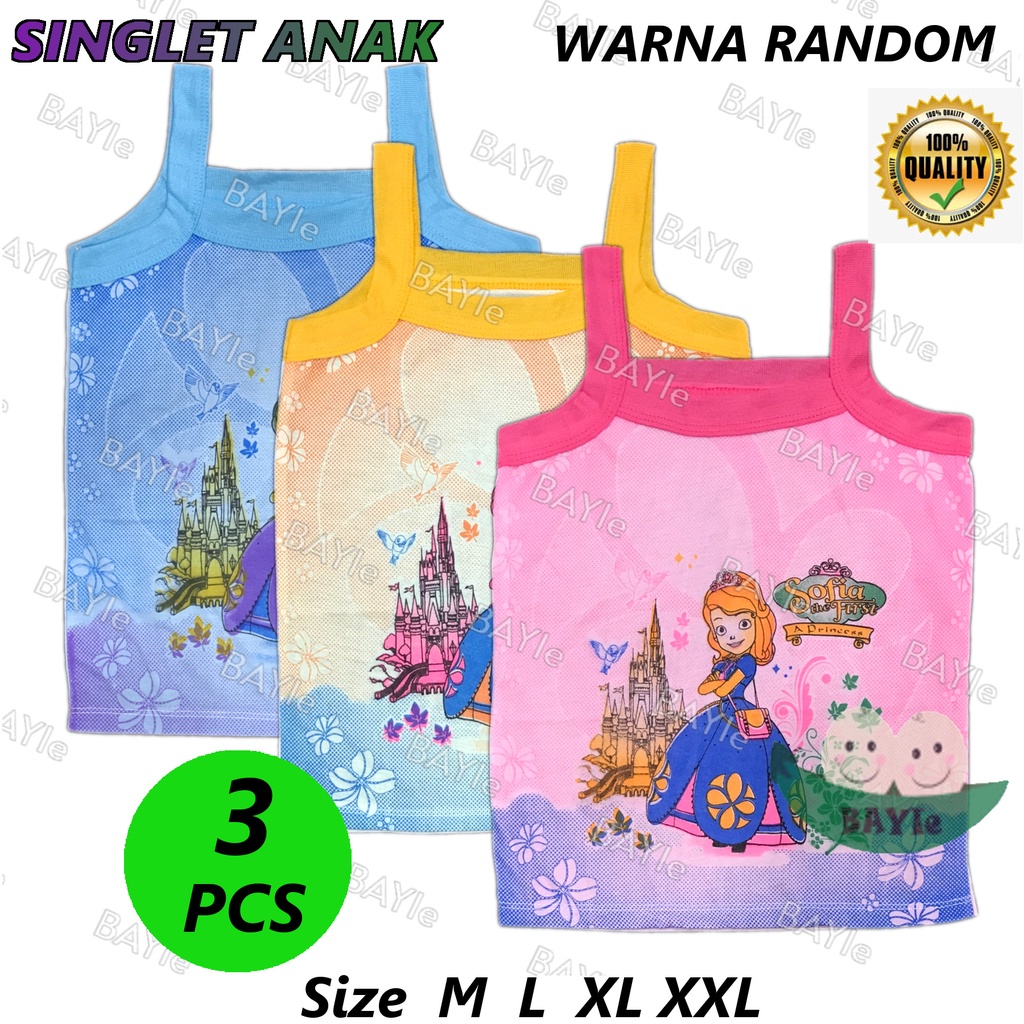 BAYIe - 3 PCS Kaos Singlet/Tanktop/Tengtop/Kutung Anak Perempuan Cewek Motif Mata/Sofia Size M, L, XL