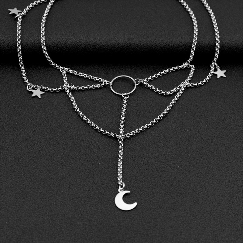 Kalung Choker Desain Bulan Bintang Lingkaran Warna Silver Gaya Gothic Punk Rock Untuk Wanita