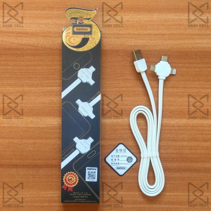 REMAX Lesu RC-066TH Kabel Data 3in1 Output 2.1A ( Micro USB + Lightning + Type-C ) Original 100%