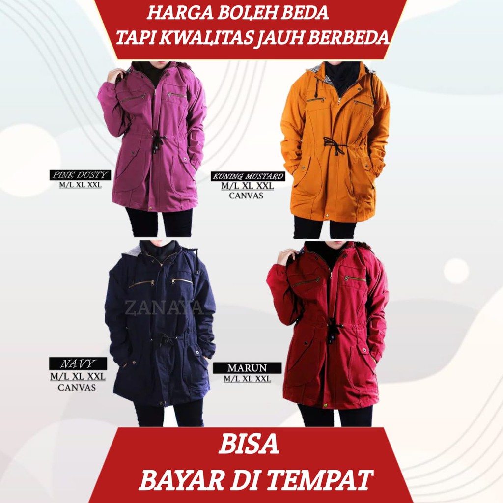 Jaket parka wanita hoodie bisa di lepas Size M/L XL XXL Bahan Kanvas