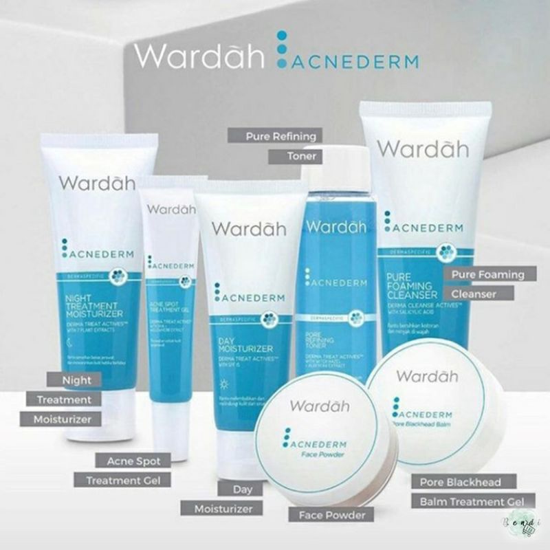 Wardah Acnederm Pure Foaming Cleanser 60mL l Pore Refining Toner 100mL l Day l Night Treatment Moisturizer 40mL l Acne Spot Trearment Gel 15mL