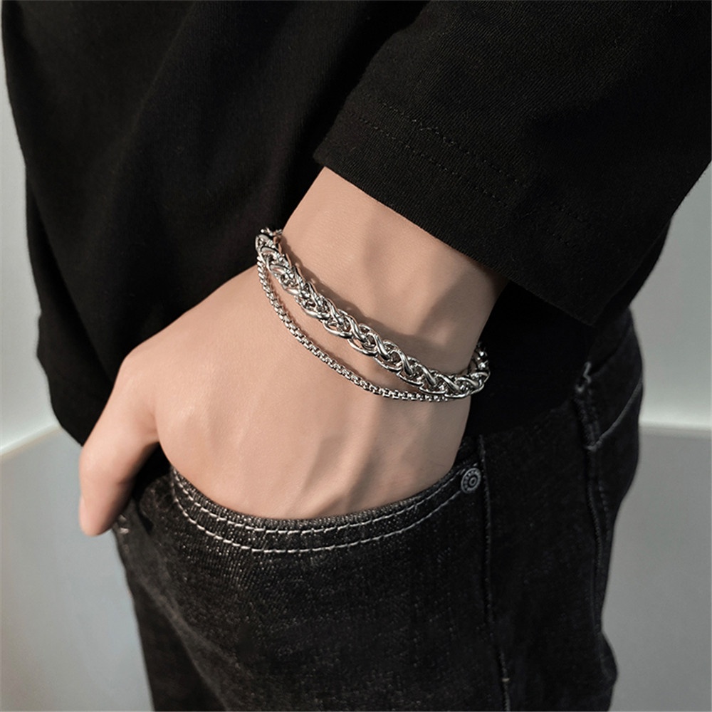 Gelang Rantai Bahan Titanium Stainless Steel Model Double Layer Gaya Punk hip Hop Untuk Pria