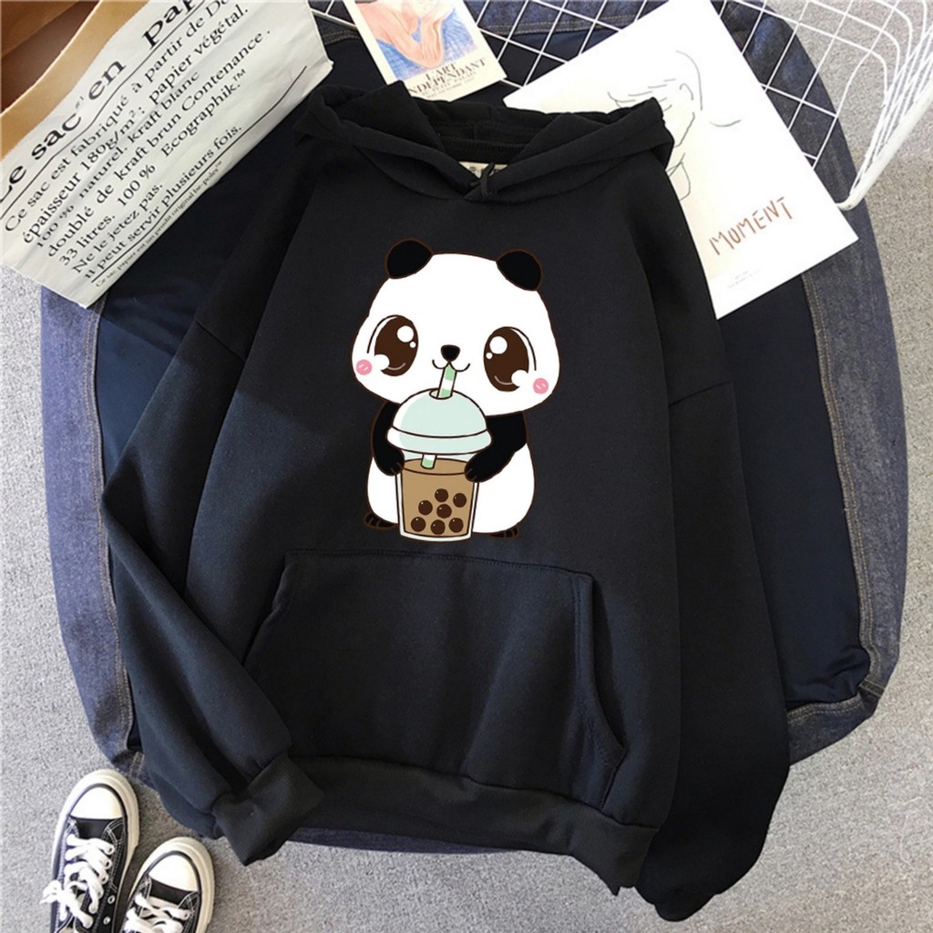 Hoodie Sweater Wanita Anime Kartun Panda Jaket Cewek Kekinian Oversize Murah Tebal Import Bisa Cod-Hitam