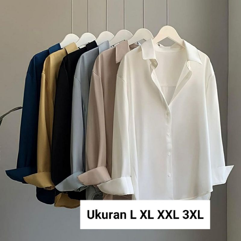 Kemeja Wanita Jumbo Lengan Panjang Size L XL XXL 3XL Hem Basic Big Size
