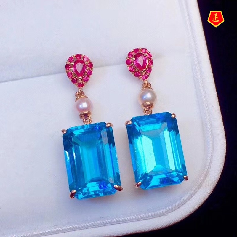 [Ready Stock]Fashion Inlaid Natural Topaz Blue Square Diamond Stud Earrings