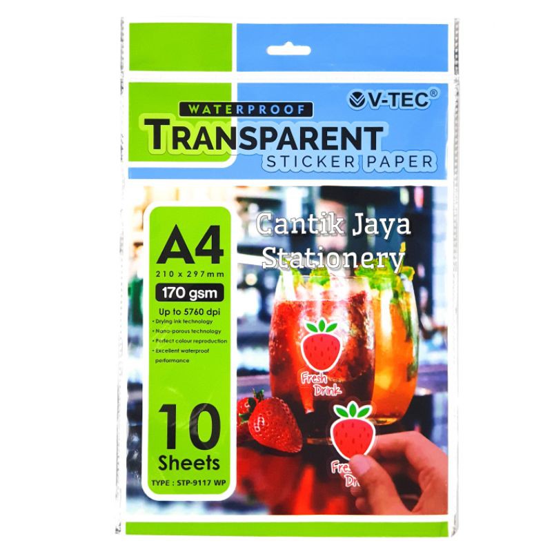 

Stiker Transparan V-TEC Transparent Sticker Paper VTEC A4 210x297mm 170gsm 10's per PAK