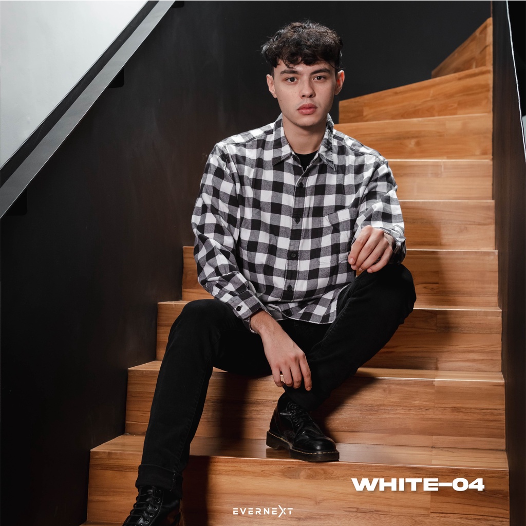 Kemeja Pria Flanel Panjang Putih Series Flannel Mens Fashion Long Shirt Kasual Kerja Hangout Premium Distro Trendi