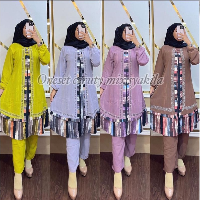 ONE SET LONG TUNIK CERUTY IMPORT PREMIUM SALUR SWAROSKI. SETELAN LONG TUNIK SERUTY IMPORT PREMIUM SA
