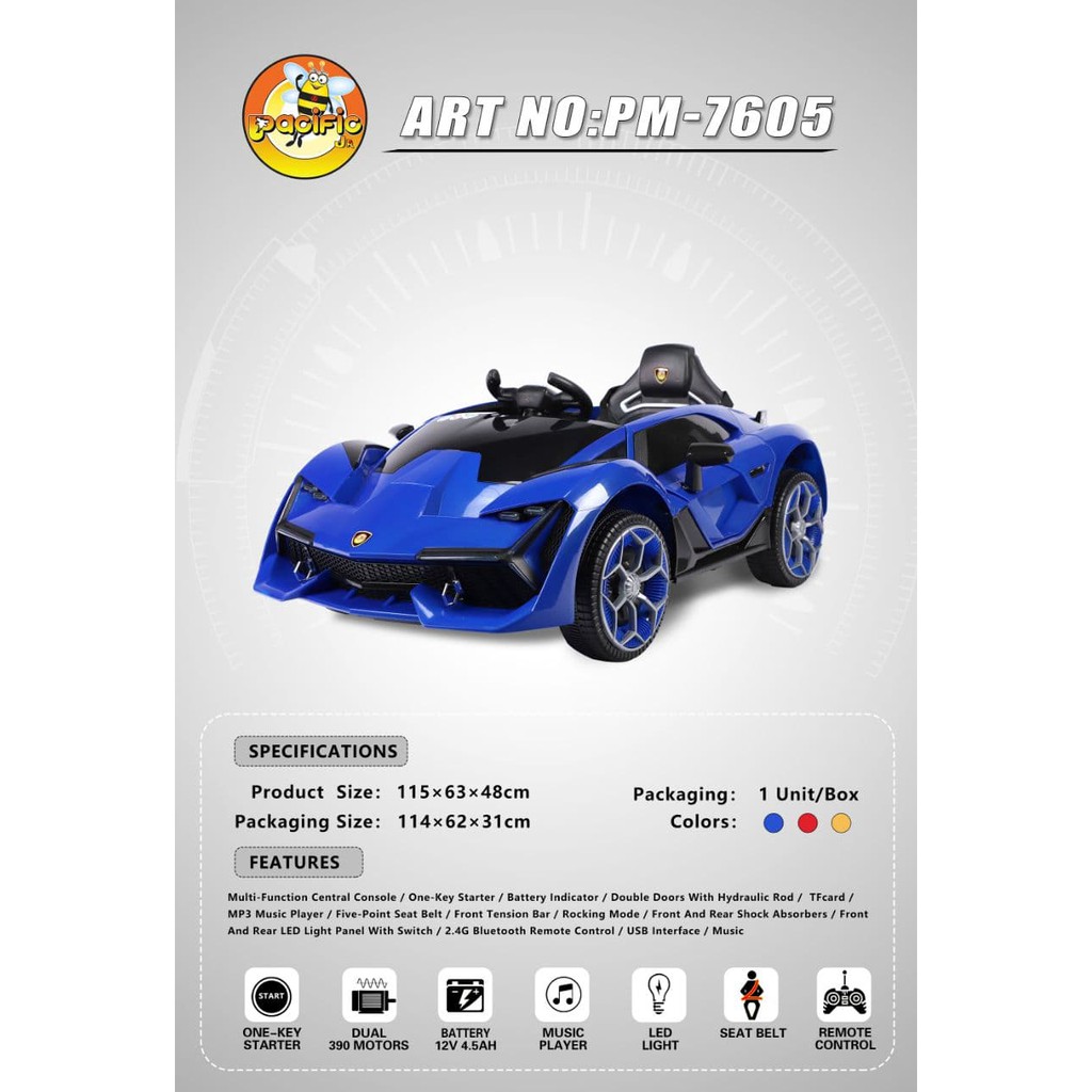 Mainan Anak Mobil Aki Pacific PM 7605 sport car Lamborghini Ferrari