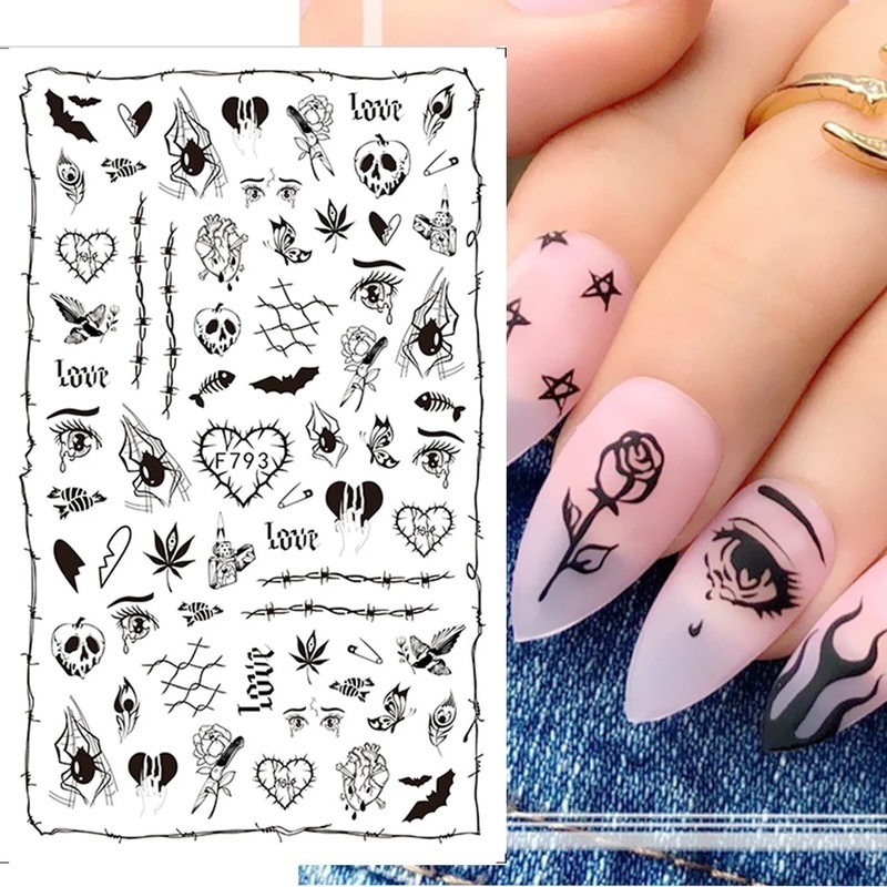 Stiker Kuku Motif Tengkorak / Laba-Laba / Mawar Untuk Dekorasi Nail Art / Pesta Halloween