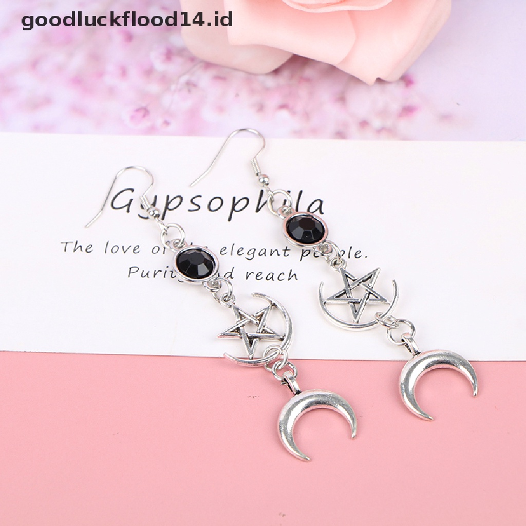 [OOID] Black Birthstone Earrings and Pentagram Witch Moon Earrings Gothic Celestial ID