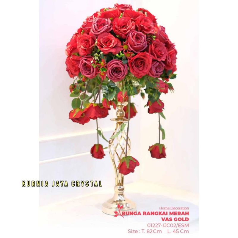 Bunga Rangkai merah vas gold