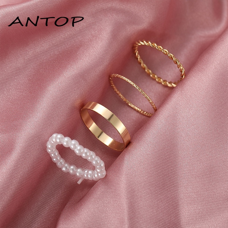 Korea Wanita Mutiara Cincin Wanita Emas Cincin Logam Set Fashion Perhiasan Aksesoris  ANTOP