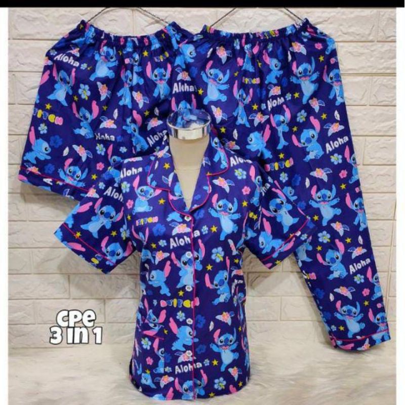 SEASOND IND 3in1 Piyama/Baju Tidur Wanita Dewasa Hello Kitty/L Fit to XL-Aloha Navy