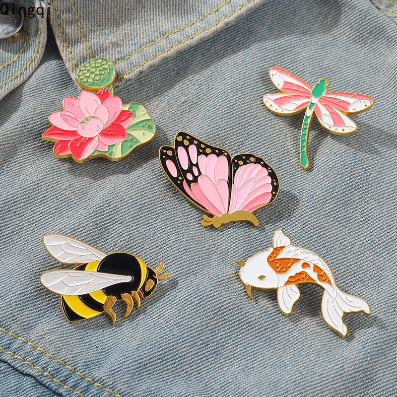 Bros Pin Enamel Desain Kartun Bunga Butterfly Lebah Koi Capung Untuk Hadiah Anak