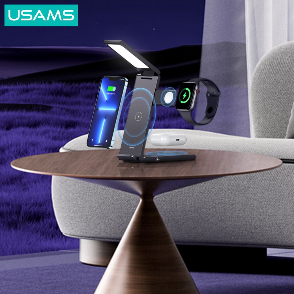 USAMS CD181 Folding Wireless Charging Stand 3in1 With Table Lamp 15W