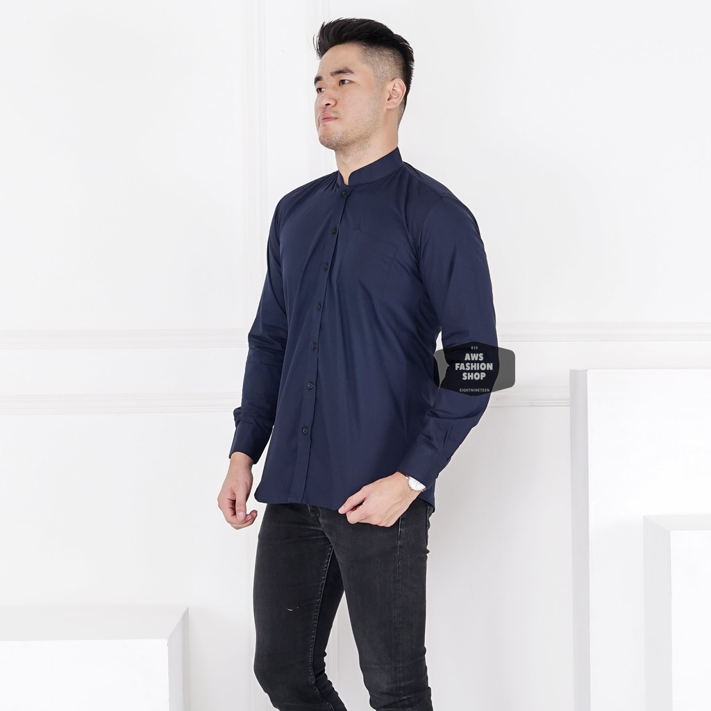 Kemeja Panjang Biru Navy Dark Blue Kerah Shanghai Pria Cowok Casual